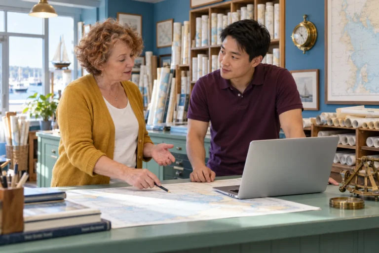 Two adults reviewing a paper chart beside a laptop at a sea-green marine chart-shop counter