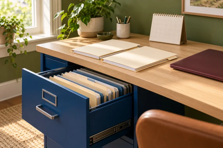 Cream folders and a closed burgundy laptop beside a blank-grid calendar above an open cobalt filing drawer