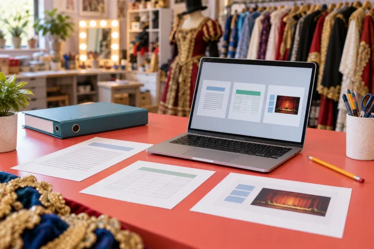 Laptop and three sample document sheets on a coral table in a theatre costume room