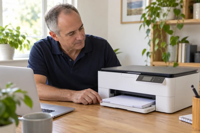Technician checking a home-office printer beside a laptop