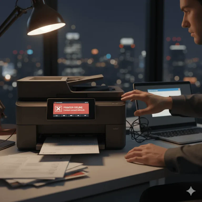 Office printer displaying a Printer Offline error as a man reaches towards it from his laptop