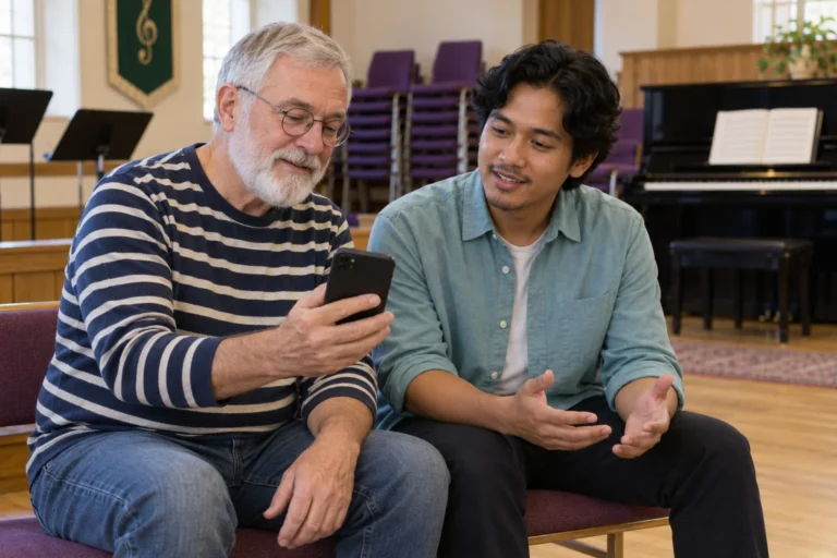 Two adult men discussing a phone at a bench in a community rehearsal hall